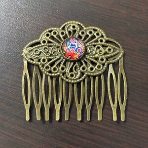 Hand Crafted Brass Filigree Hair Comb with Multicolor Floral Cabochon